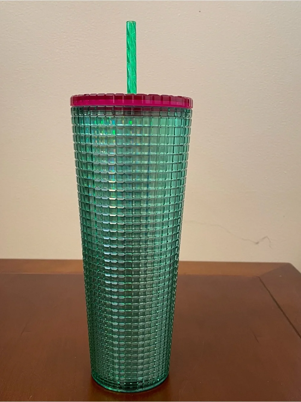 NEW STARBUCKS WATERMELON GREEN PINK GRID STUDDED COLD CUP Travel Tumbler 24 oz